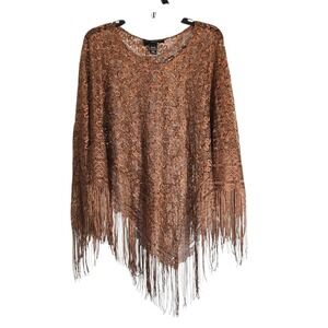 Venezia Metallic Copper Lace Fringe Poncho One Size Boho Shimmer Wrap Brown